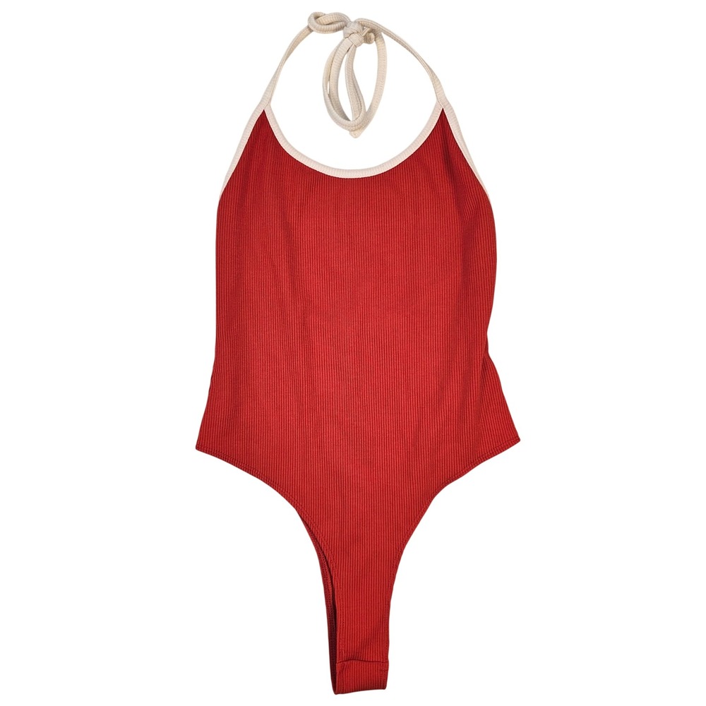 Princess Polly Red Ribbed Halter Bodysuit White Trim Size US 4